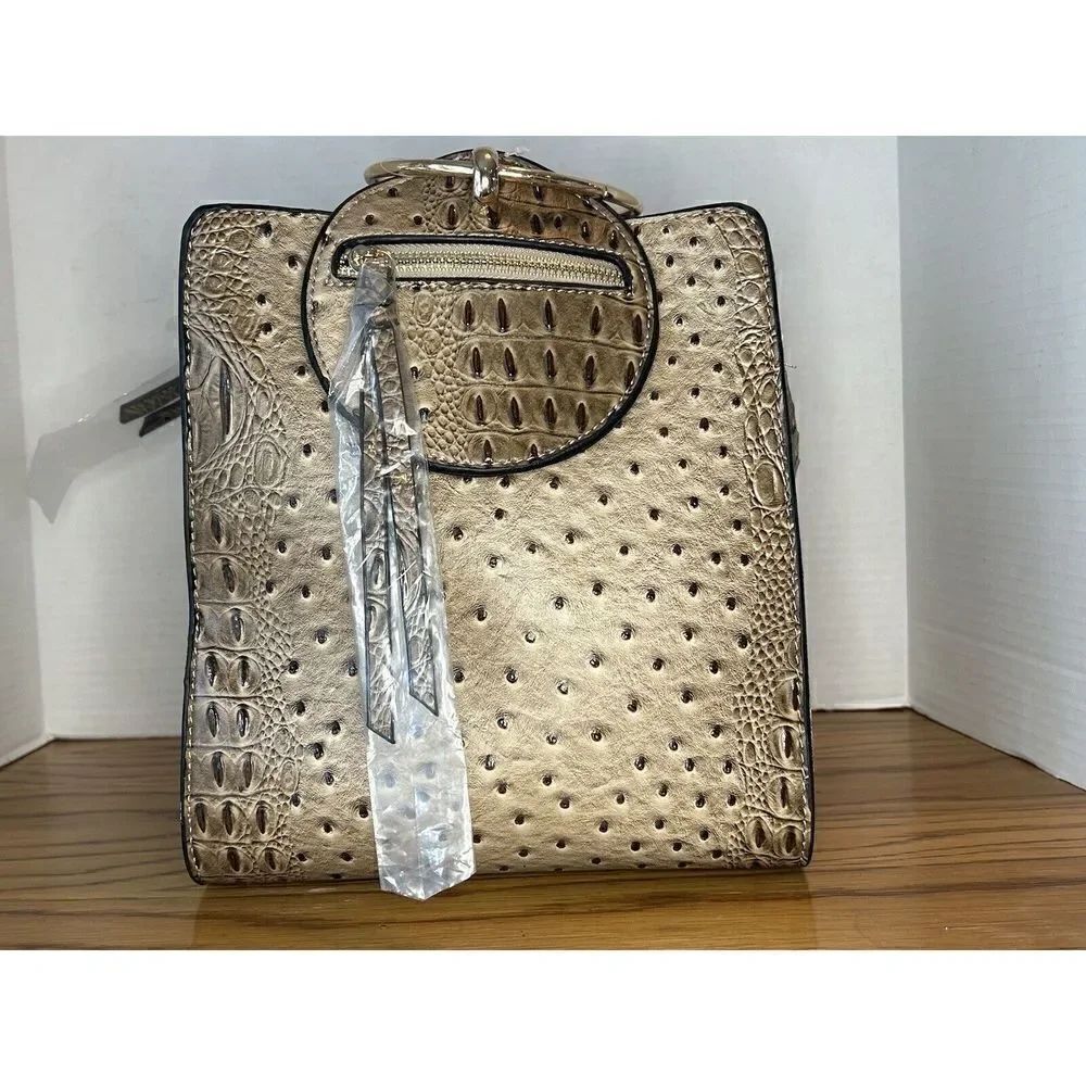 VERSONA Women’s Nude Faux Leather Faux Crocodile Textured Purse Handbag Tote Bag